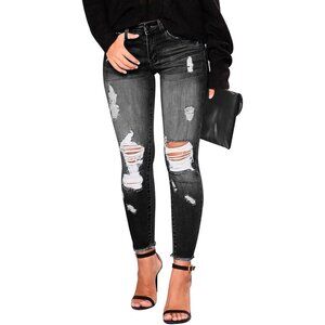 Women's Ripped Skinny Jeans Stretch Denim High Waist Cropped Slim Fit